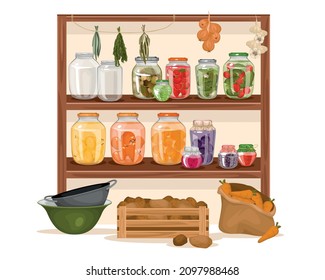 Cellar flat vector illustration with box of potatoes bag of carrots and pantry shelf of homemade pickles