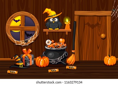 Cellar house, illustration interior wooden vector room with halloween symbols