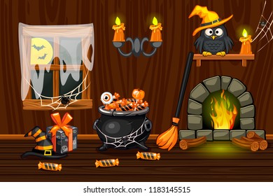 Cellar house, illustration interior wooden room with halloween symbols and fireplace