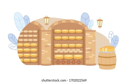 Cellar Room with Cheese Yellow Wheel Row on Shelf Vector Illustration. Cheese Making Industry. Dairy Product Traditional Manufacturing. Delicatessen Restaurant Food Business. Aging Maturing Process