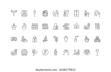 Cellar temperature, fermentation and press, grape wine making thin black symbols vector illustration. Wine, winery, menu list with glass and bottle of alcohol to taste, barrel line icon set.