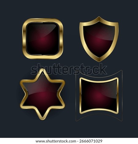 Cellection of different Luxury Golden shapes shiny Digital Icons, button with Smooth rounded edges with  lustrous gold border enclosing a deep, vector illustration