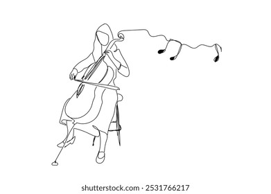 Menina violoncelista tocando violoncelo, músico tocando instrumento de música clássica. 
 Uma única linha desenhando mulher artista tocando no contrabaixo.  Vetor feito à mão não AI.