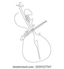 Cellist hands playing cello vector line, the bow on the strings cello closeup, cello music player continuous one line drawing minimalist