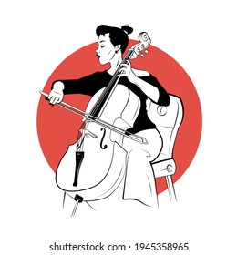 Cellist on chair in sketch style. Female musician with violoncello on white background. Orchestra performer playing cello.