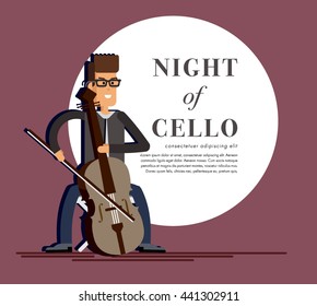 Cellist. Cellist is playing music with the great feeling. Vector illustration. Young male musician. Cartoon character of cellist. Talented person playing on violoncello