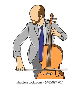 Cellist playing music on the cello. Vector hand drawn design illustration