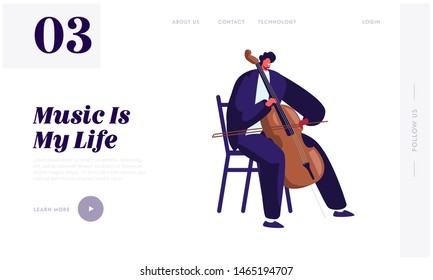 Cellist Playing on Cello Website Landing Page, Male Musician Character with Classic Instrument Preparing for Concert, Artist Practicing Music, Art Web Page. Cartoon Flat Vector Illustration, Banner