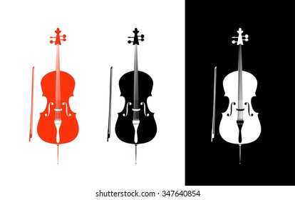 Cello in black, red and white colors - orchestra strings music instrument in vertical pose, Vector Illustration isolated on white and black background