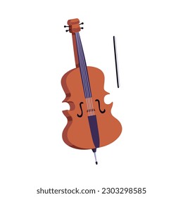 Cello con ilustración vectorial plana de arco aislado sobre fondo blanco. Instrumento musical de cuerdas de cordón o violoncello para conciertos sinfónicos y clases de música.