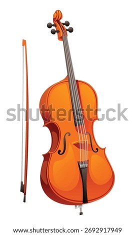 Cello with a bow, representing classical music and stringed instruments. Vector cartoon illustration