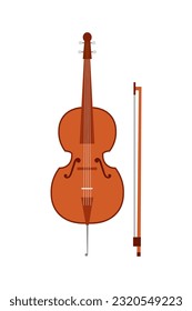 Cello and bow vector illustration. Cartoon isolated vintage string musical instrument for playing symphony of classic music by cellist in philharmonic orchestra, acoustic wooden cello for concert