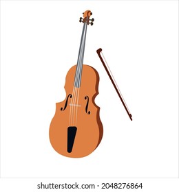 Cello. Bowed musical instruments. The musical instrument is a cello with a bow. Vector stock flat illustration isolated on a white background