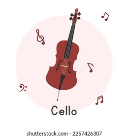 Estilo de caricatura de Cello clipart. Sencilla ilustración vectorial plana de instrumento de cuerda violonchelo marrón lindo. Instrumentos de cadena estilo doodle dibujado a mano. Diseño vectorial Cello