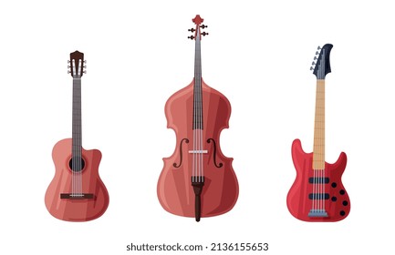 Cello and Guitar as String Musical Instrument Vector Set