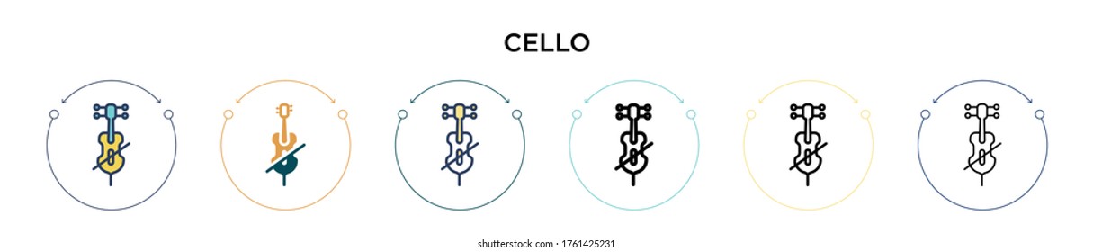 Cello icon in filled, thin line, outline and stroke style. Vector illustration of two colored and black cello vector icons designs can be used for mobile, ui, web