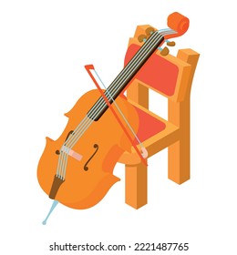 Cello icon isometric vector. Stringed musical instrument near wooden chair icon. Music and art concept