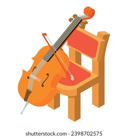 Cello icon isometric vector. Stringed musical instrument near wooden chair icon. Music and art concept