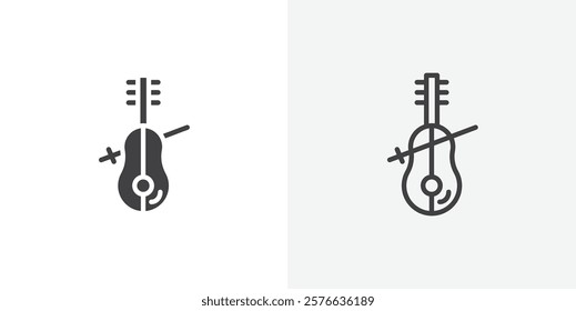 Cello icon set in black flat solid and outlined style.