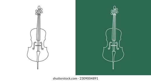 Cello line drawing cartoon style. String instrument cello clipart drawing in linear style isolated on white and chalkboard background. Musical instrument clipart concept, vector design