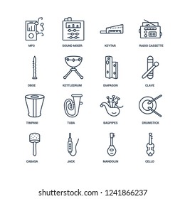 Cello, Mandolin, Jack, Cabasa, Drumstick, Mp3, Oboe, Timpani, Diapason outline vector icons from 16 set