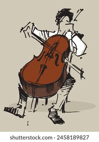 Cello. A musician plays the cello while sitting on a chair. Sketch of a musician. Music. Classical music concert. Music instrument