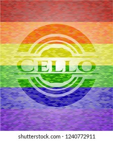 Cello on mosaic background with the colors of the LGBT flag