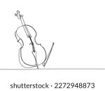 Cello one line art. Continuous line drawing of musical, melody, violin, vintage, music, retro, symphonic, orchestra, playing, instrument, fiddle, viola, symphony, musician, string.