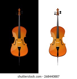 Cello - orchestra strings music instrument in vertical pose, Vector Illustration isolated on white and black background