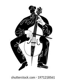 Cello Player. Black Silhouette On White Background.Violin Jazz Design.festival Print.Music Player.Classical Instrument. Vector Flat Style.hand With Bow.Performance Concert Symbol.simple Form.