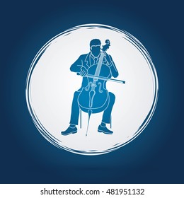 Cello player designed on grunge circle background graphic vector.