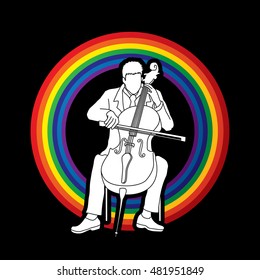 Cello player designed on line rainbows background graphic vector.