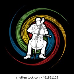 Cello player designed on spin wheel background graphic vector.