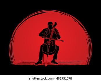 Cello player designed on sunset background graphic vector.