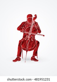 Cello player designed using red grunge brush graphic vector.