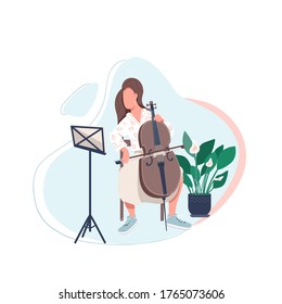 Cello Player Flat Color Vector Faceless Character. Woman Learn To Play Musical Instrument. Lesson On Music For Adult. Musician Isolated Cartoon Illustration For Web Graphic Design And Animation