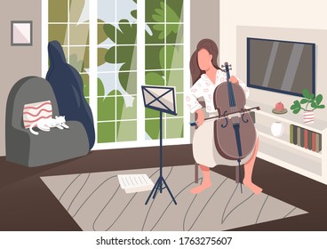 Cello Player At Home Flat Color Vector Illustration. Woman Play Musical Instrument. Pastime With Music Lesson. Female Learn Creative Hobby. Musician 2D Cartoon Character With Interior On Background