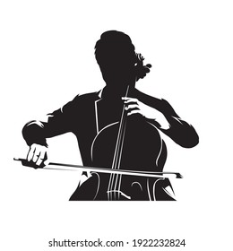 Cello Player, Isolated Vector Silhouette. Violin Musician, Ink Drawing, Front View