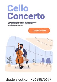 Cello player performing concert modern interior audience chairs plants large windows flat design landing page