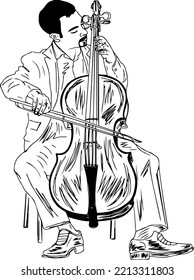 Cello player performing image, sketch drawing of a cello player man, vector illustration of a cello player, music logo, clip art, cartoon doodle silhouette