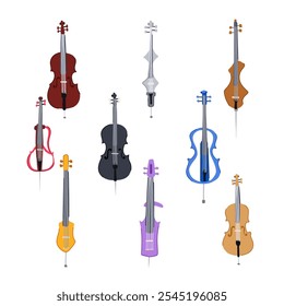 conjunto de violoncelo desenho animado. instrumento clássico, som de arco, performance músico violoncelo sinal. símbolo isolado vetor ilustração