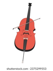 Objeto de caricatura lineal 2D del instrumento de cuerda Cello. Orquesta violoncello de línea aislada elemento vector fondo blanco. Instrumento musical clásico con ilustración de manchas planas en color de arco violáceo