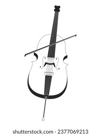 Objeto de dibujo animado de línea 2D en blanco y negro con instrumento de cuerda Cello. Elemento de contorno vectorial aislado de orquesta violoncello. Instrumento musical clásico con ilustración de manchas planas monocromáticas del arco cello