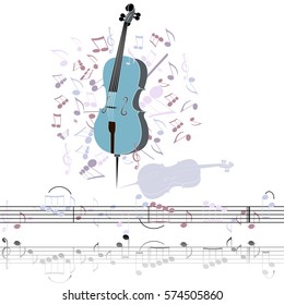 Cello, violin, old technology, realistic retro design, vector art illustration picture illustration of musical notes with the disc for the background music, eps10