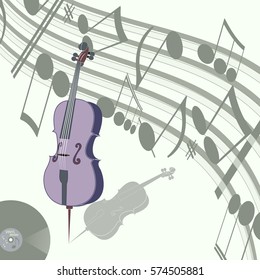 Cello, violin, old technology, realistic retro design, vector art illustration picture illustration of musical notes with the disc for the background music, eps10