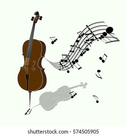 Cello, violin, old technology, realistic retro design, vector art illustration picture illustration of musical notes with the disc for the background music, eps10