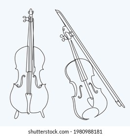 cello violin one continuous line drawing. Stringed music instruments, minimalism concept design vector illustration.