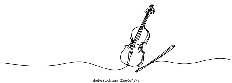 Cello, violin, one line drawing continuous isolated on white background. Vector illustration.