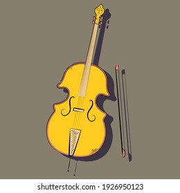 cello in yellow and pink tones hand drawing outline symbol icon on dark background. Vector