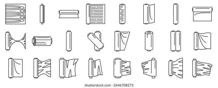 Conjunto de ícones de filme elástico celofane. Diferentes tipos de materiais de rolo são retratados, mostrando diversas texturas, padrões e aplicações potenciais